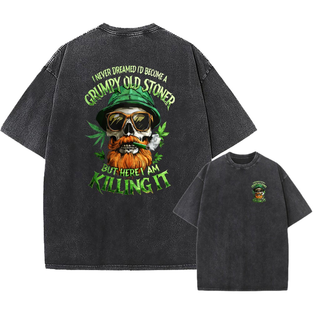 100% Cotton Oversized T-Shirt, Grumpy Old Stoner Skull Graphic Streetwear Tee