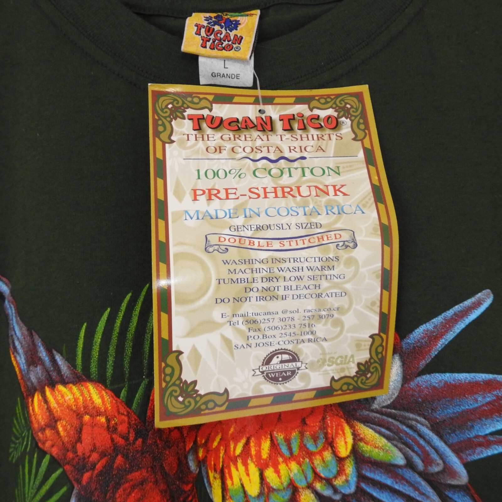 Vintage Tucan Tico Costa Rica Macaw Graphic T Shirt Size L Green New With Tags