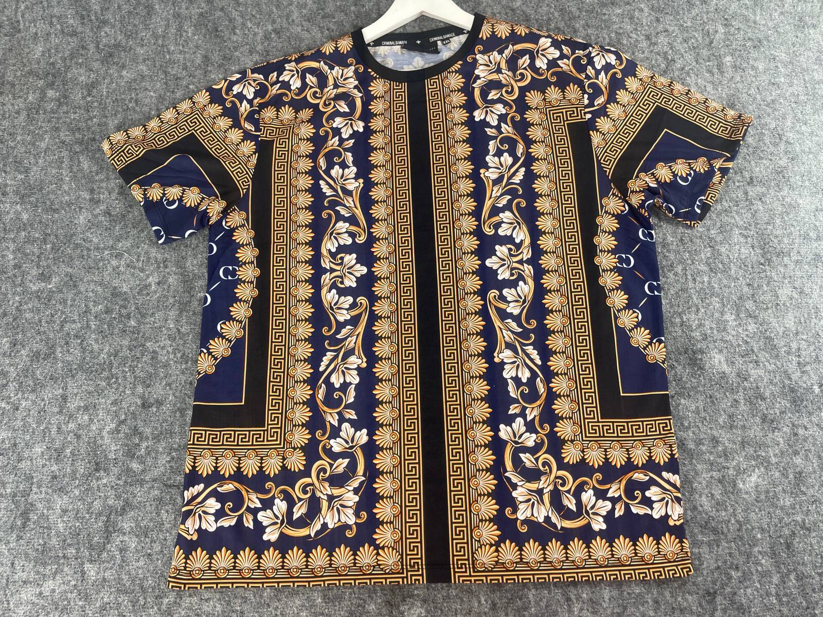 CRIMINAL DAMAGE Shirt Mens XL Tee Floral Baroque Blue Short Sleeve N139