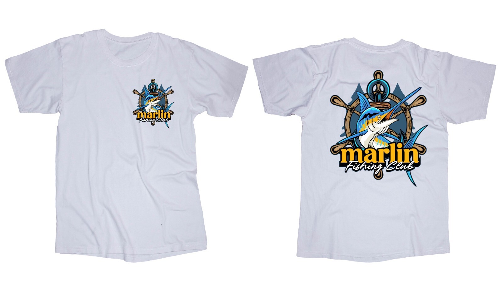 Marlin Fishing Club White T-shirt Deep Sea Fish Boating Rods Reels Anchor Marina