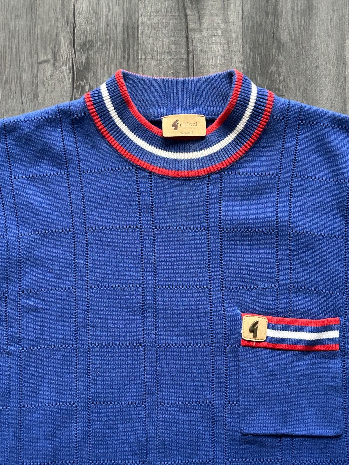 Gabicci Knit T Shirt Medium Blue Ringer High Round Neck Short Sleeve Pocket Tee