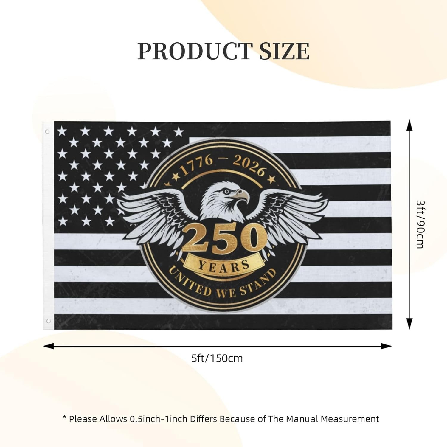 250th Anniversary American Flag 3×5 Ft (1776-2026), Black and White USA Flag wit