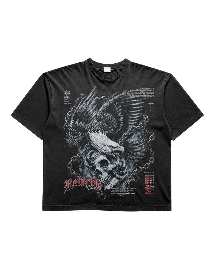 Men’s Vintage Washed Graphic T-Shirt Eagle Skull Print Gothic Streetwear Tee