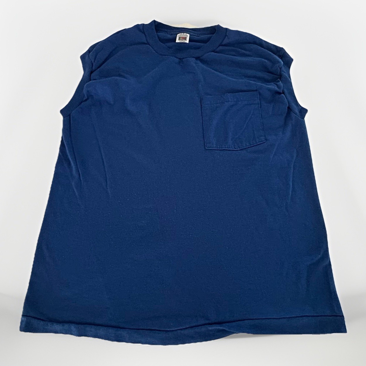 Vintage Fruit of the Loom Sleeveless Muscle Blue Pocket T-Shirt Single Stitch L