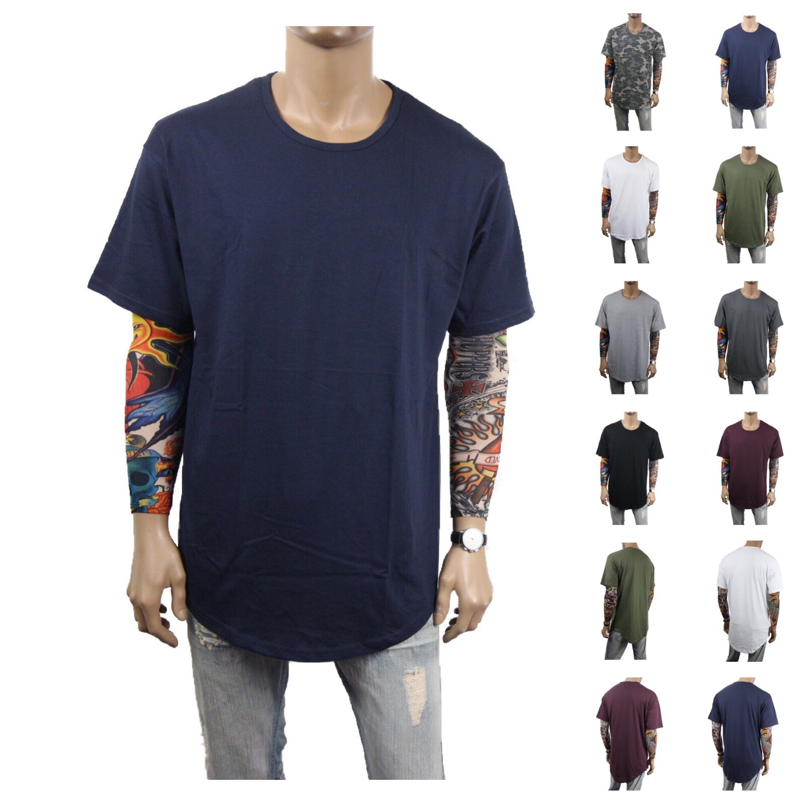 New Mens T-Shirt Long Extended Fashion Lightweight Tee Casual Hipster Crew Neck