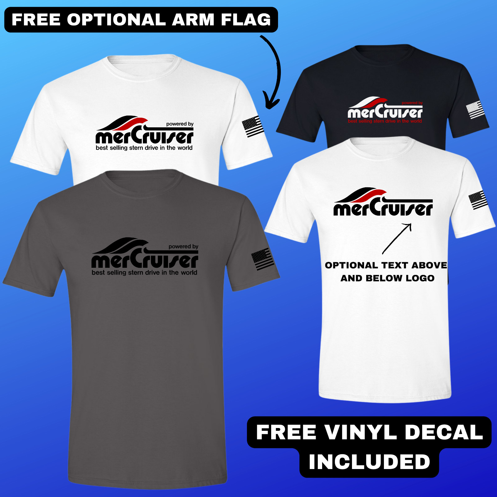 Mercruiser Mercury Racing Boats T-Shirt Optional Flag FREE Vinyl Decal
