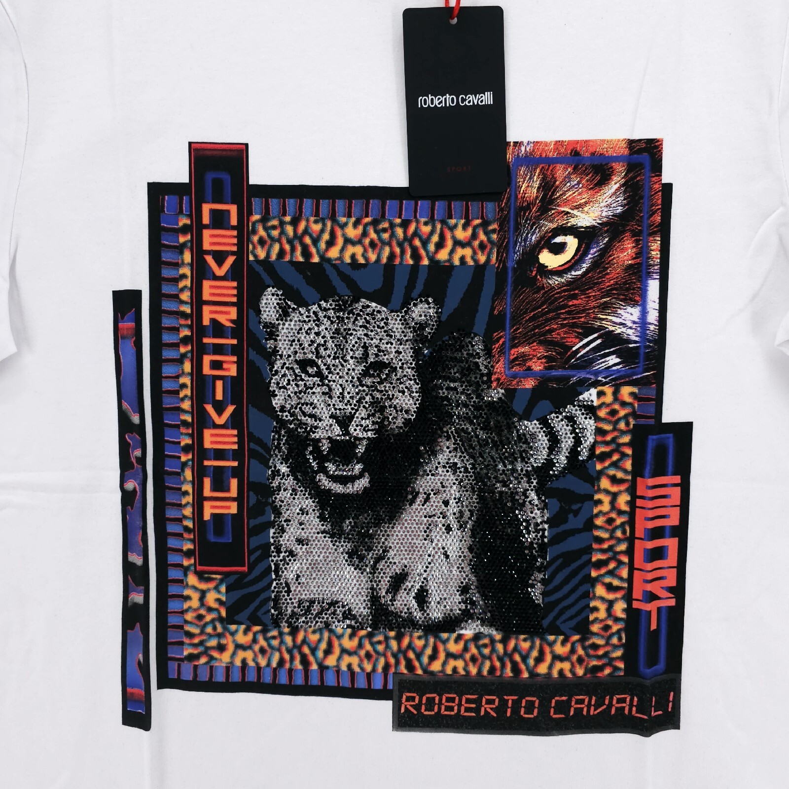 NWT ROBERTO CAVALLI Graphic Men’s T-Shirt Beaded Animals Never Give Up Size XL