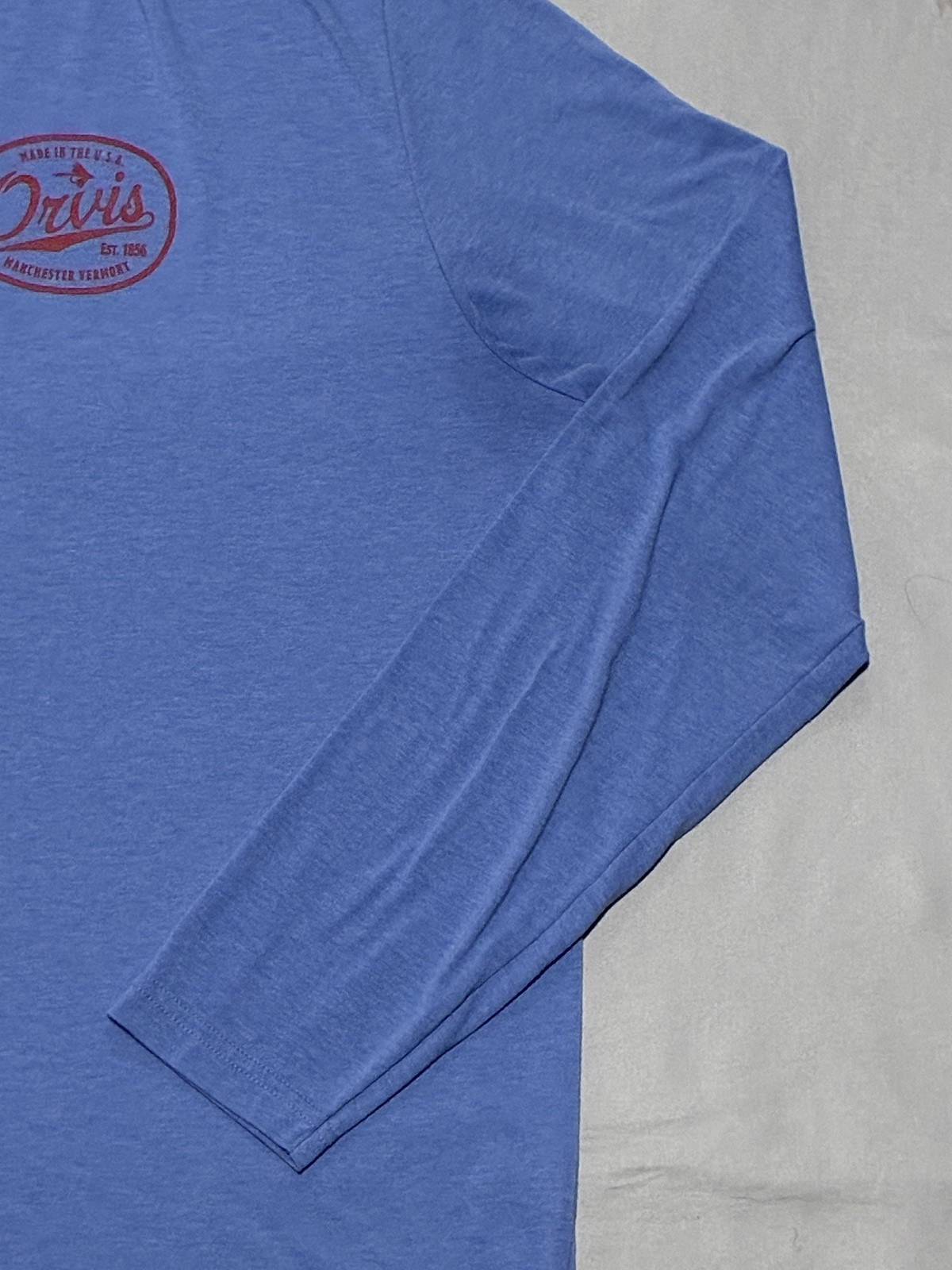 Orvis Shirt Mens XL Blue Long Sleeve Manchester Vermont Logo Graphic Tee Tagless
