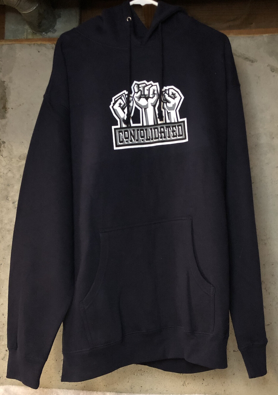 Vintage Consolidated Skateboard Hoodie Dark Navy Sz XL Three Fist Double Stitch