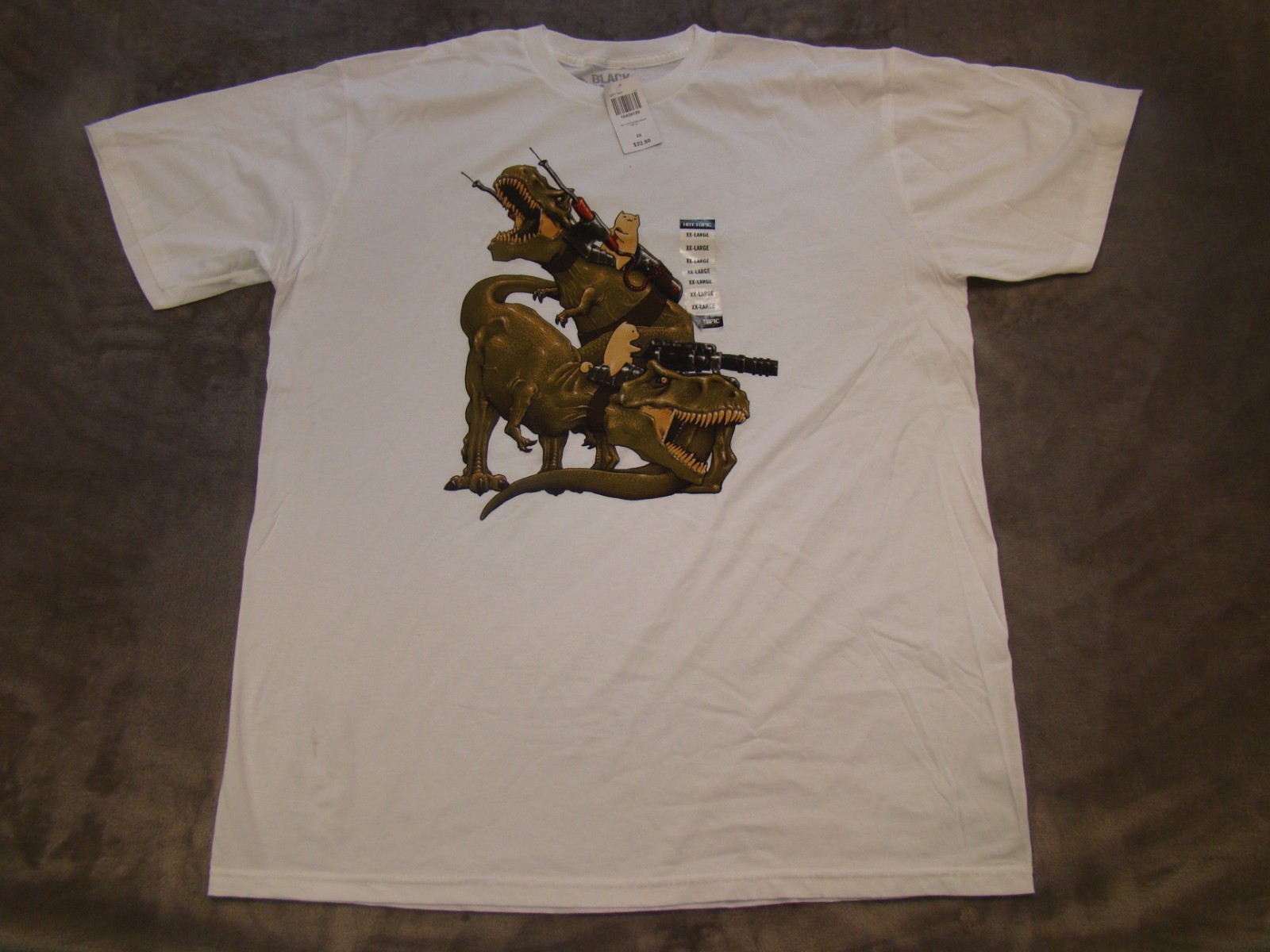 NWT NLC Cats Riding Dinos T-Rex Guns Black Matter Threadless Mens 2XL TShirt