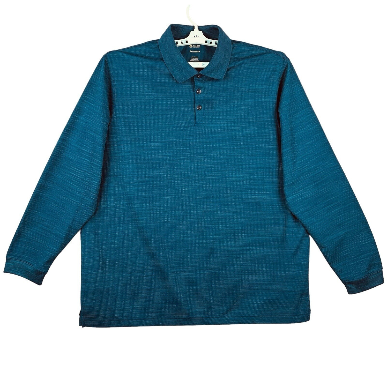 Haggar Men Polo Shirt 2XLT Long Sleeve Heather Blue Stretch Buttons Placket NWOT