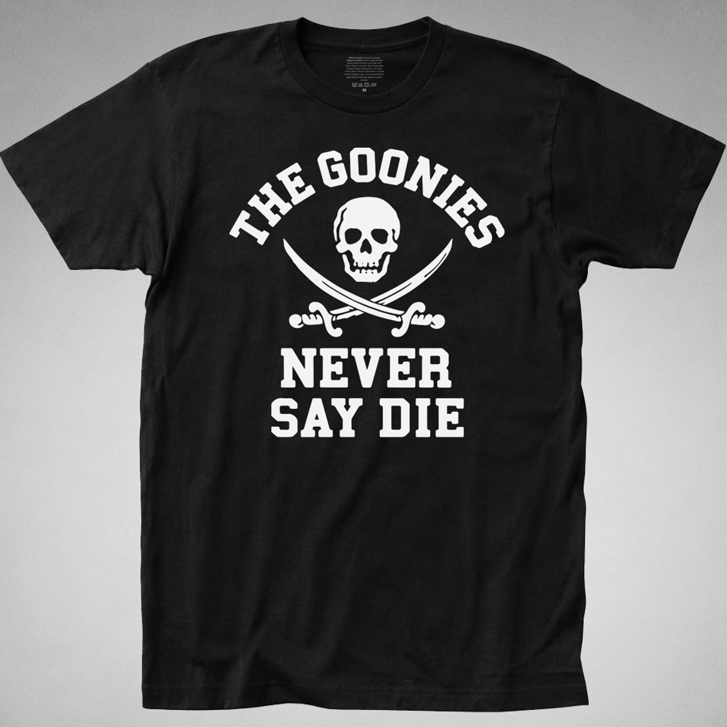 GOONIES Never Say Die T-SHIRT Funny 80s Retro Movie sloth one eyed pirate skull