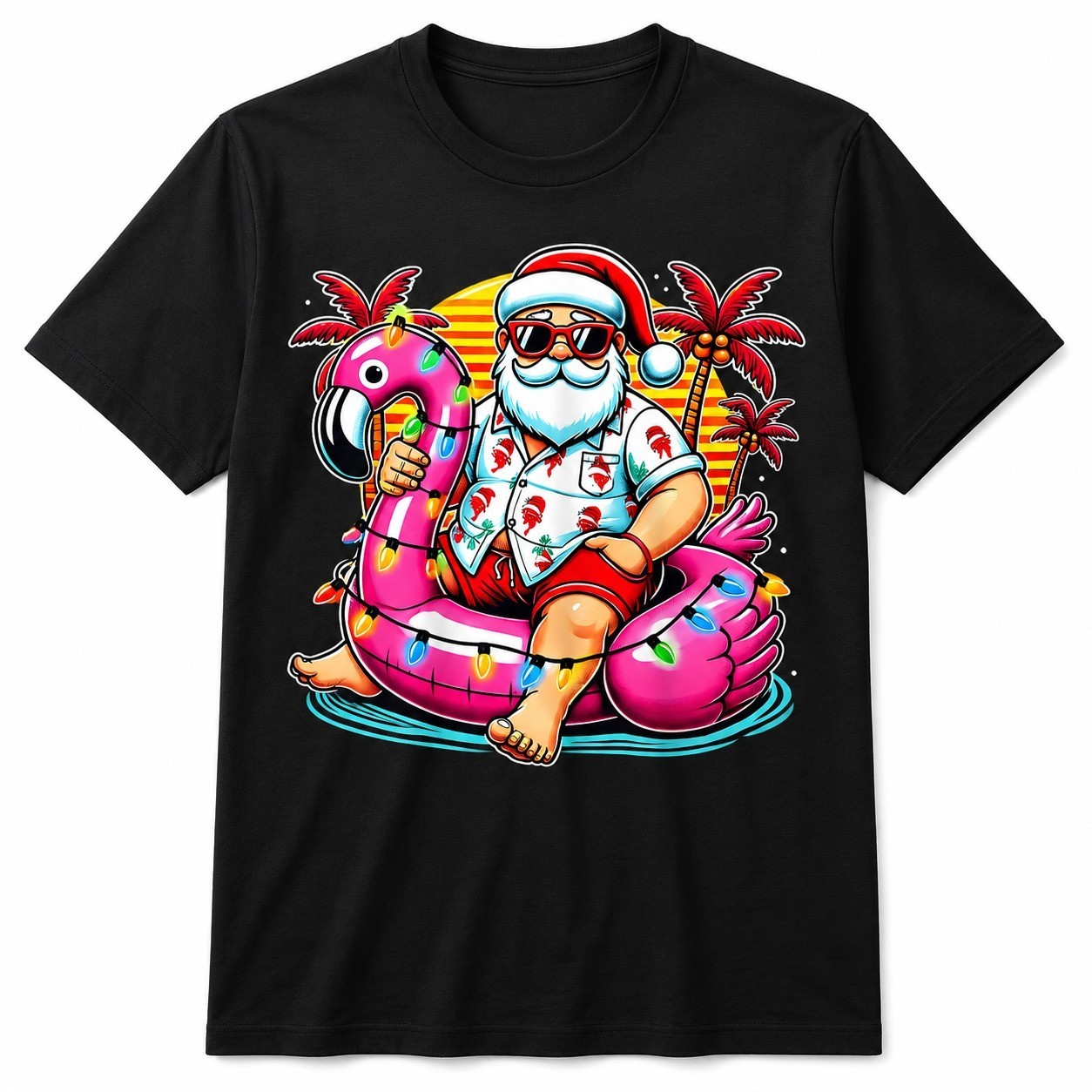 Christmas in July Santa Flamingo Float Graphic Unisex T-Shirt Summer Xmas Tee