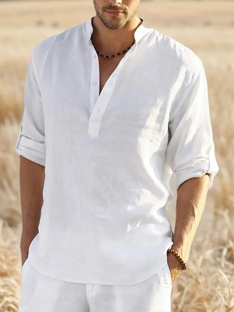 Men’s Cotton Linen Henley Long Sleeve Shirt Casual Beach T-shirt Tee Summer Gift