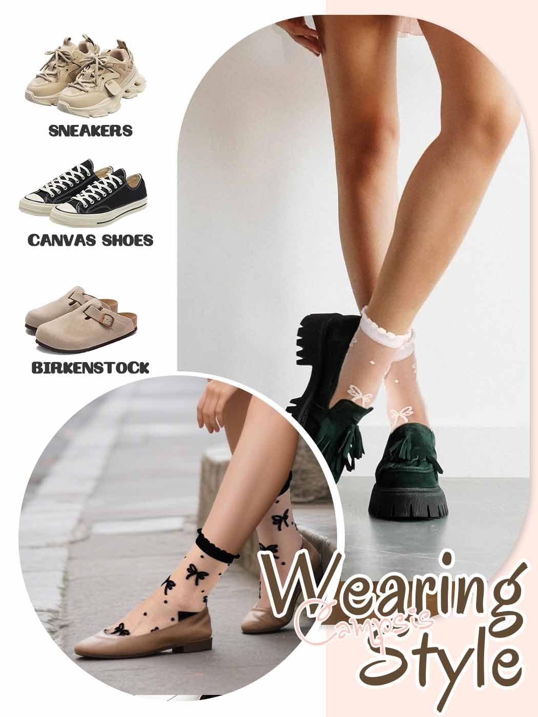 Womens Sheer Ankle Socks Polka Dot Bow Pattern 4 Pairs Black White
