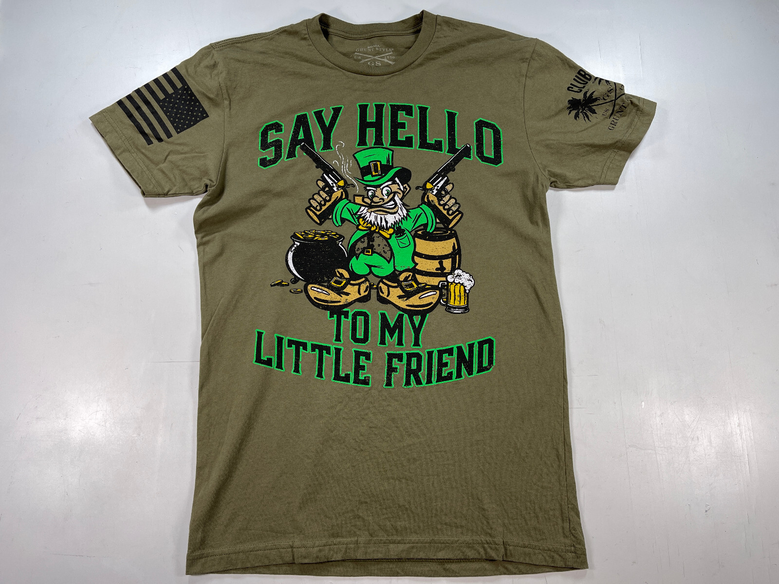 Grunt Style Shirt Irish Luck Gold Say hello to my little Friend Y2K OD Green Sm