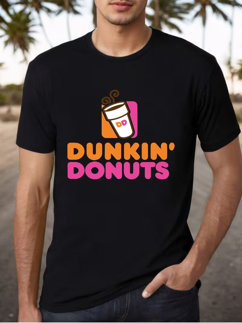 Men’s Dunkin’ Donuts Graphic T-Shirt – Black Cotton Crew Neck Tee with Playful C
