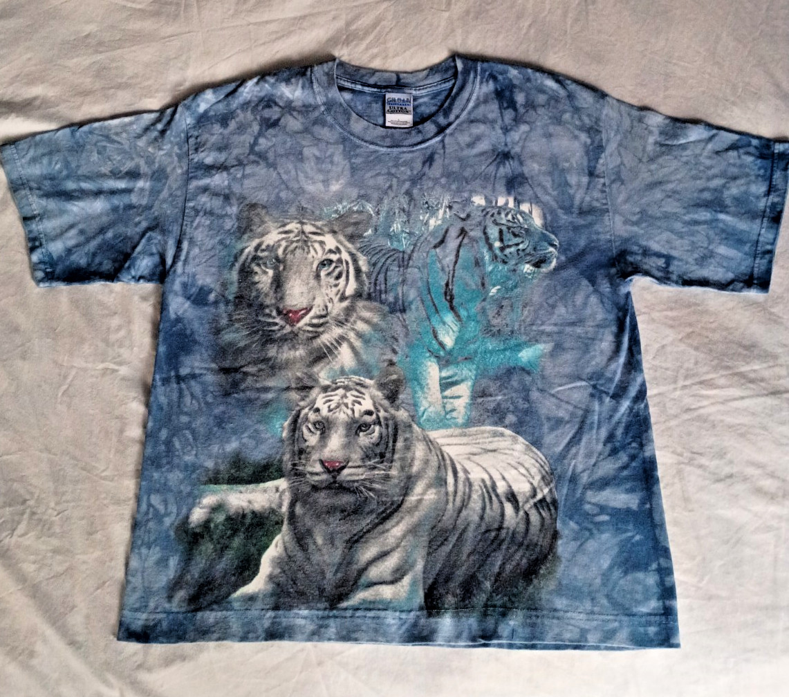 White Tiger T-Shirt Size L Large All Over Tie Dyed Gildan Ultra Cotton Blue