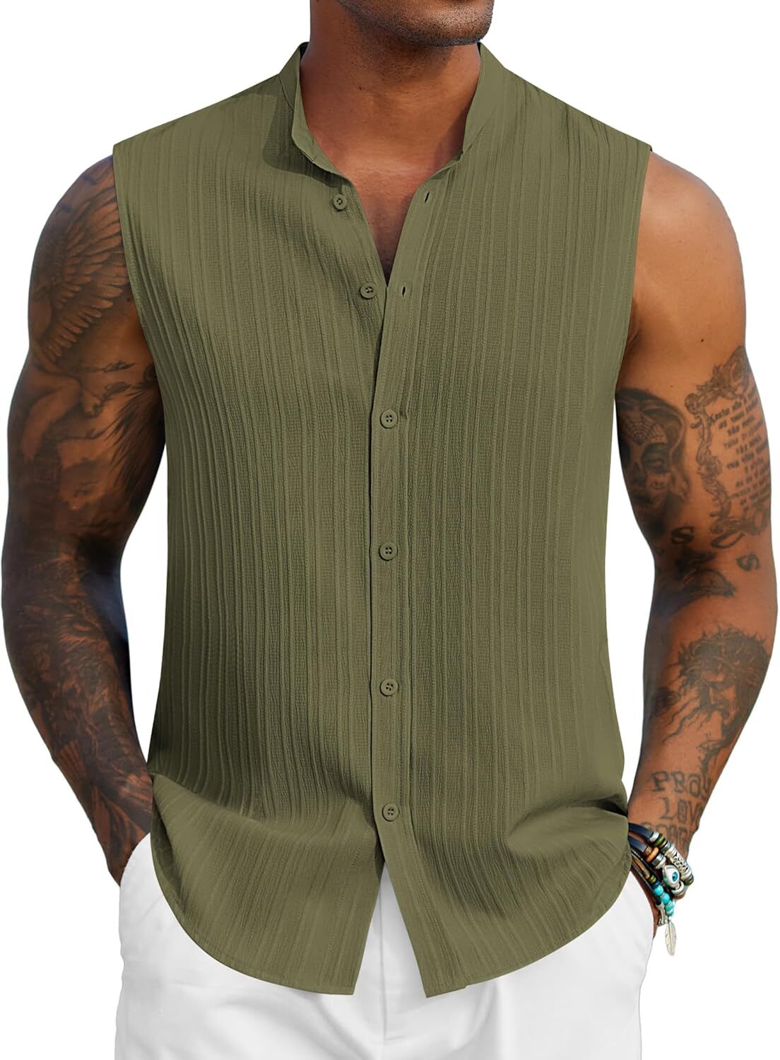 Mens Sleeveless Summer Shirts Beach Tank Tops Button Up Tank Shirt for Vacation