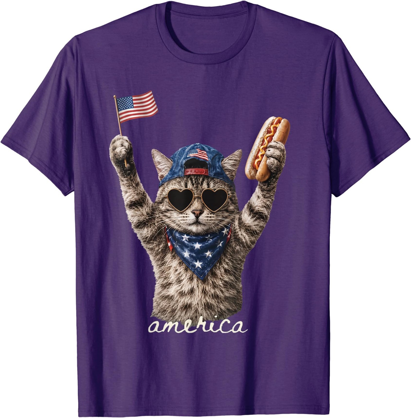 Retro Funny America Cat Hot Dog Lovers Patriotic US Flag T-Shirt