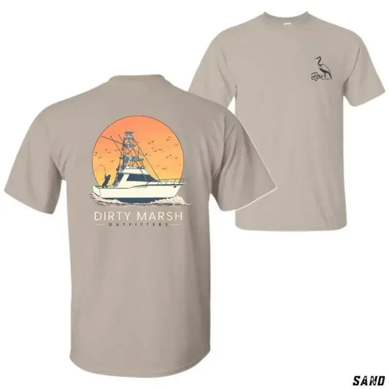 Dirty Marsh Outfitters T-Shirt, Sand Color Offshore Fishing Boat Tee with Sunset