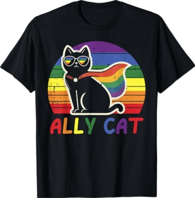 Gay Pride Month Ally Cat Funny LGBTQ Rainbow T-Shirt Tee Men Women