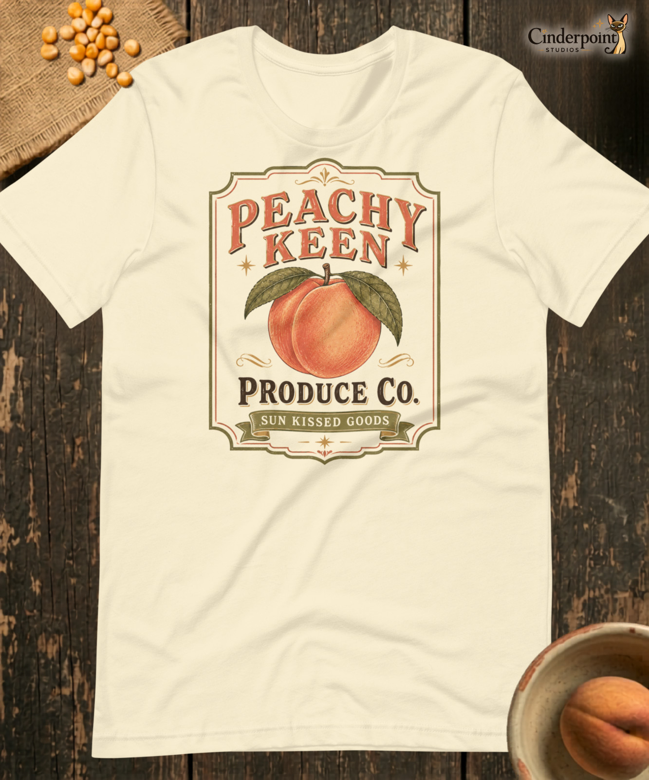 Peachy Keen Produce Co. T-Shirt Retro Fruit Label Peach Cottagecore Tee XS-4X