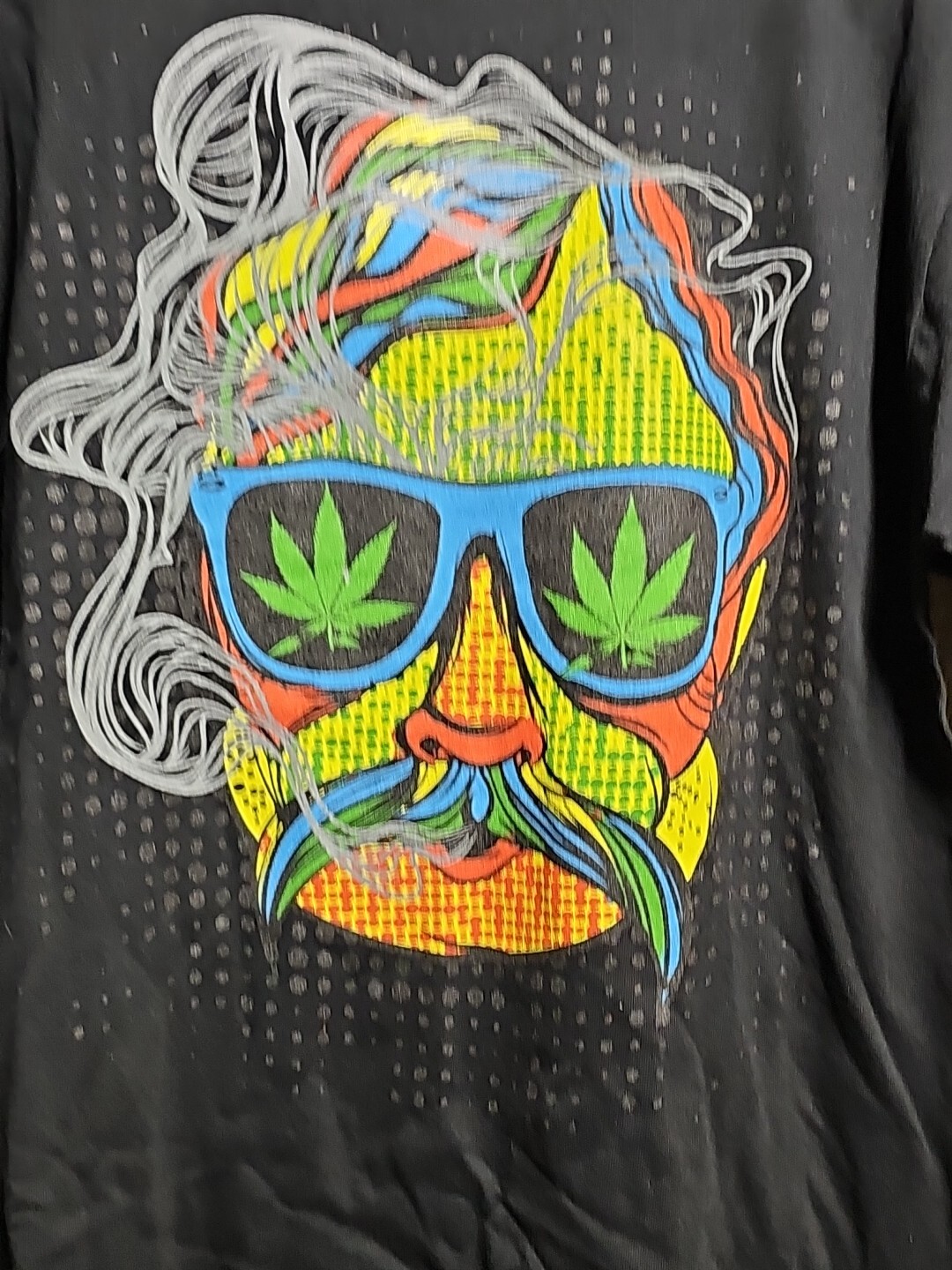 Hippie Techno Multicolor Marijuana/Pot Leaf Black T-Shirt Size L
