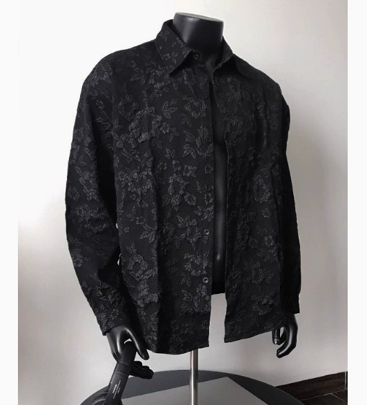 Vintage Japanese Style Textured Floral Shirt Mens Long Sleeve Button Up Tops