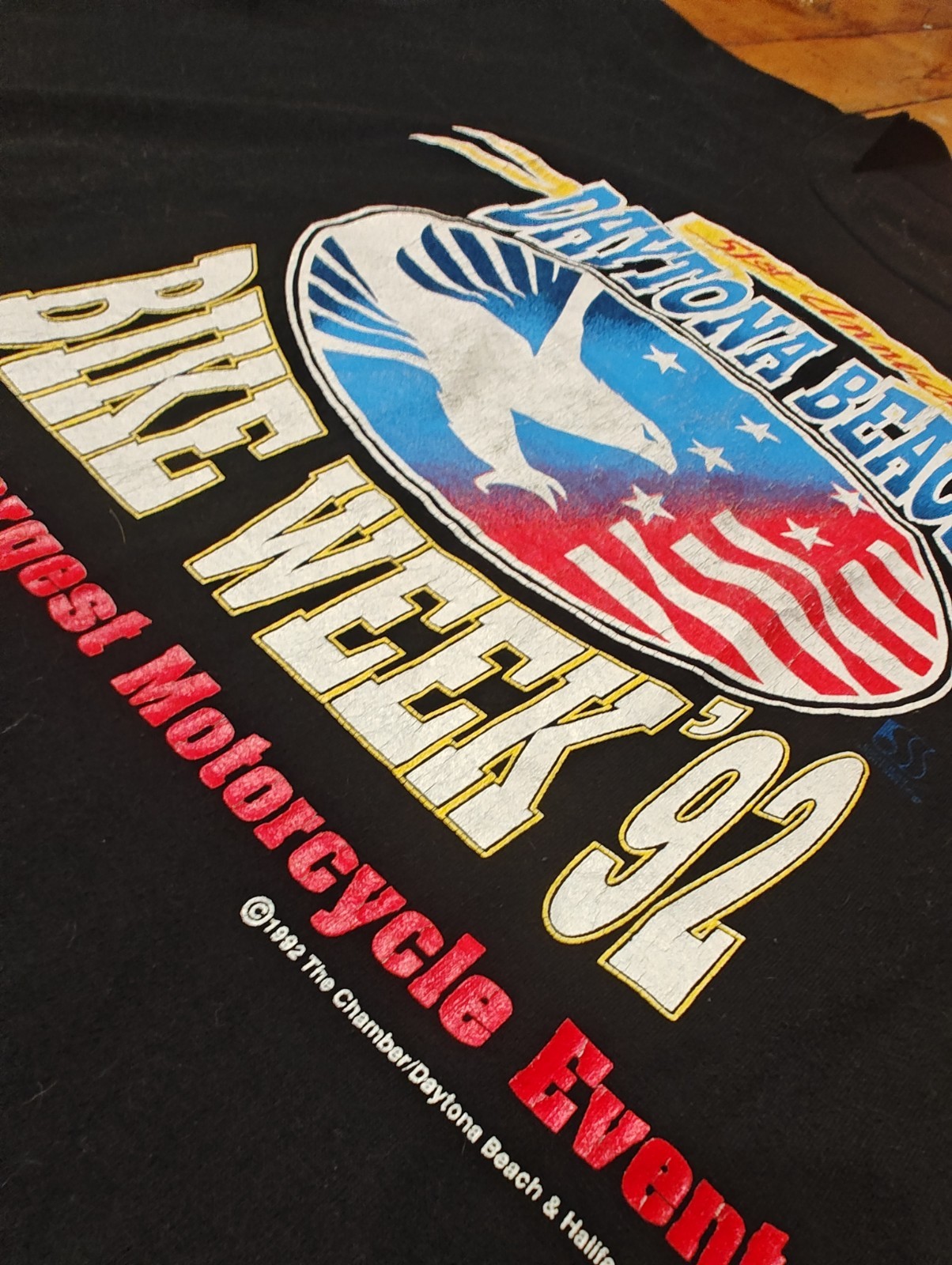 Daytona Beach Bike Week 1992 Graphic Print Black Cotton Crew Neck T-Shirt Large