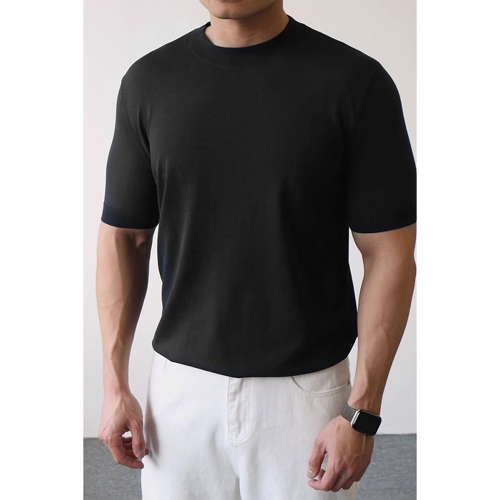 Mens Knitted Half-High Collar Short Sleeve T-Shirt Casual Slim Knit Pullover Top