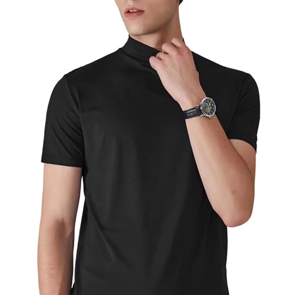 Polyester Spandex Blend Men’s Short Sleeve T Shirt Half High Neck for Slim Fit