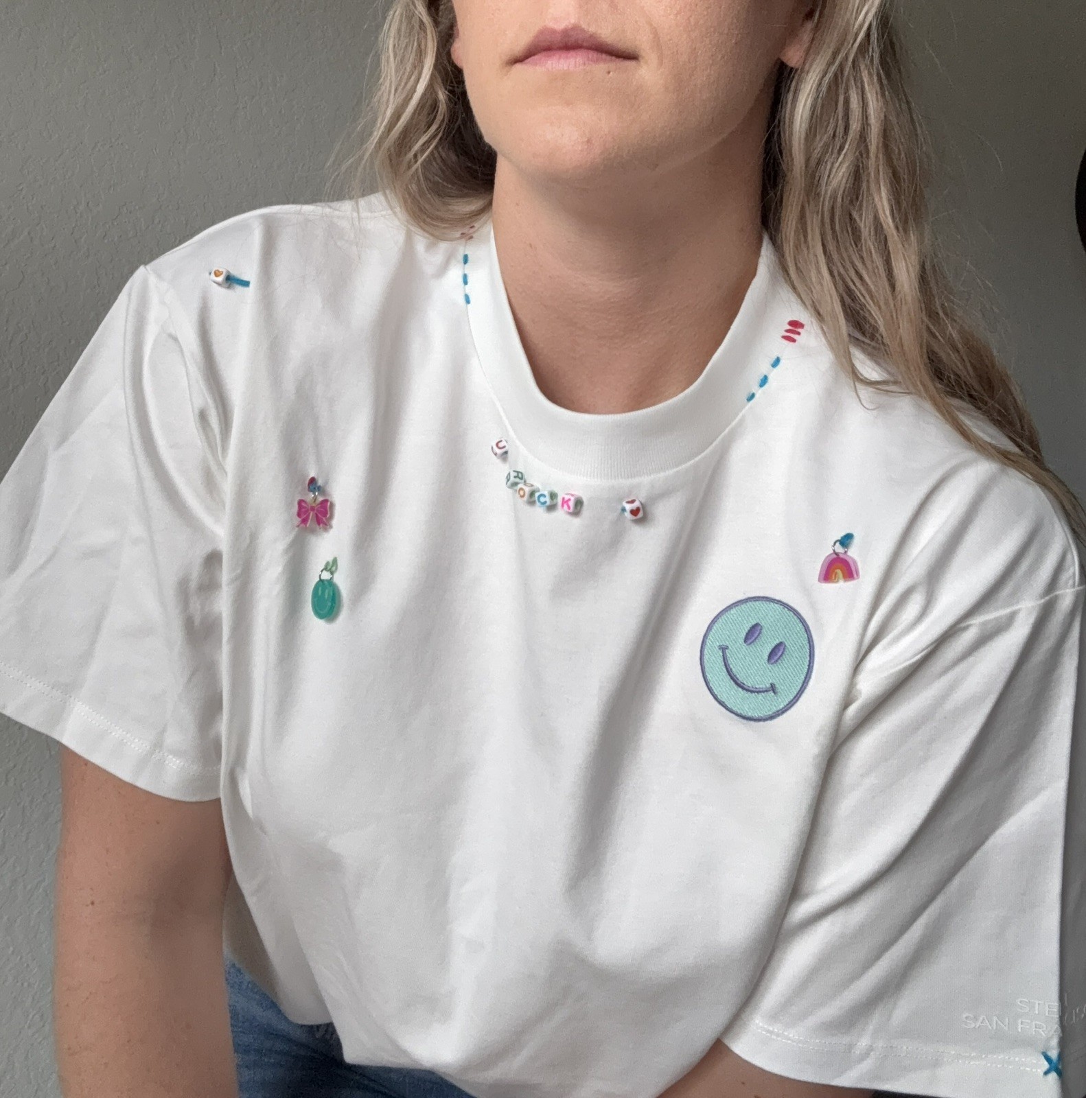 Oversized White Shirt Y2K Smiley Beaded Charms Handmade Stelle Brand