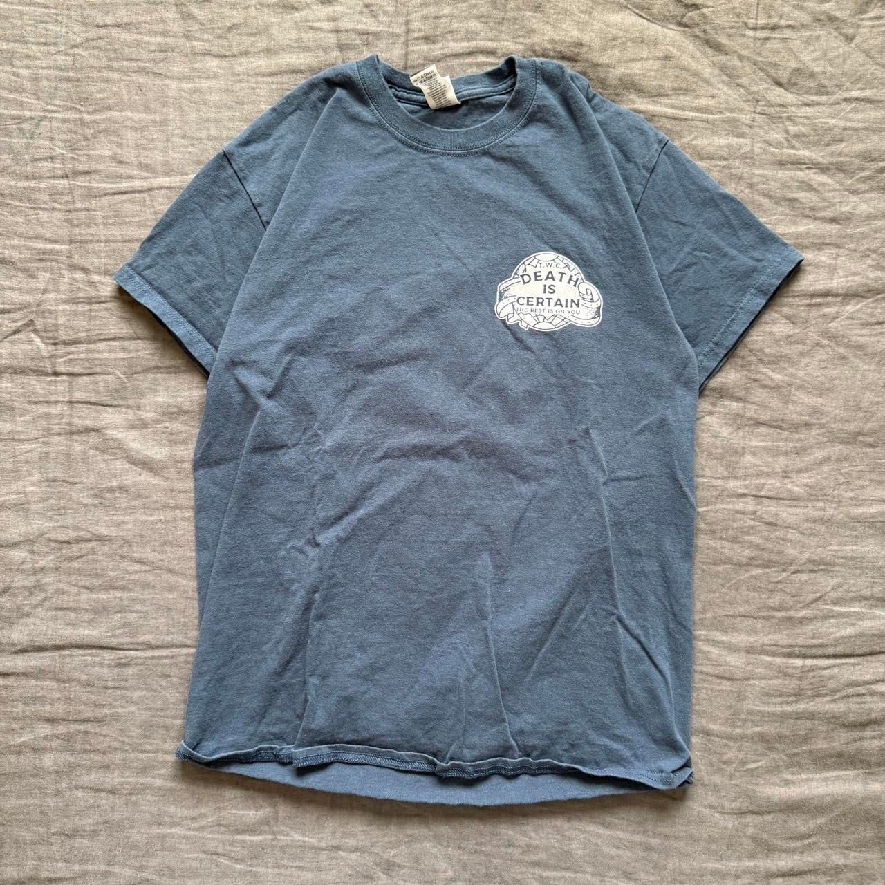 DEATH IS CERTAIN Graphic Skater Tee – Faded Blue Grunge Shirt, Size M
