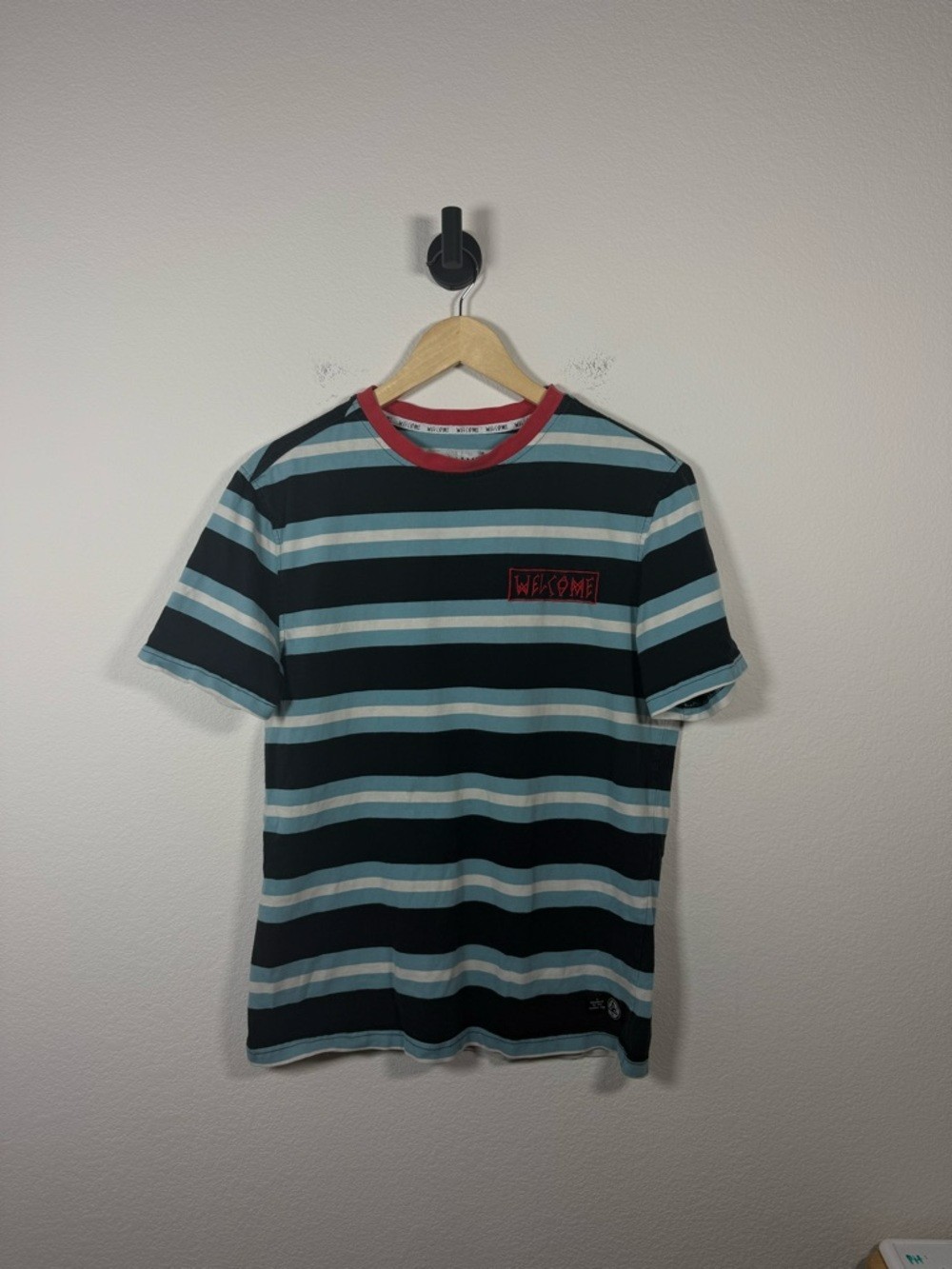Welcome Skateboards Men’s Striped Crewneck Tee Blue/Red/Black/White M