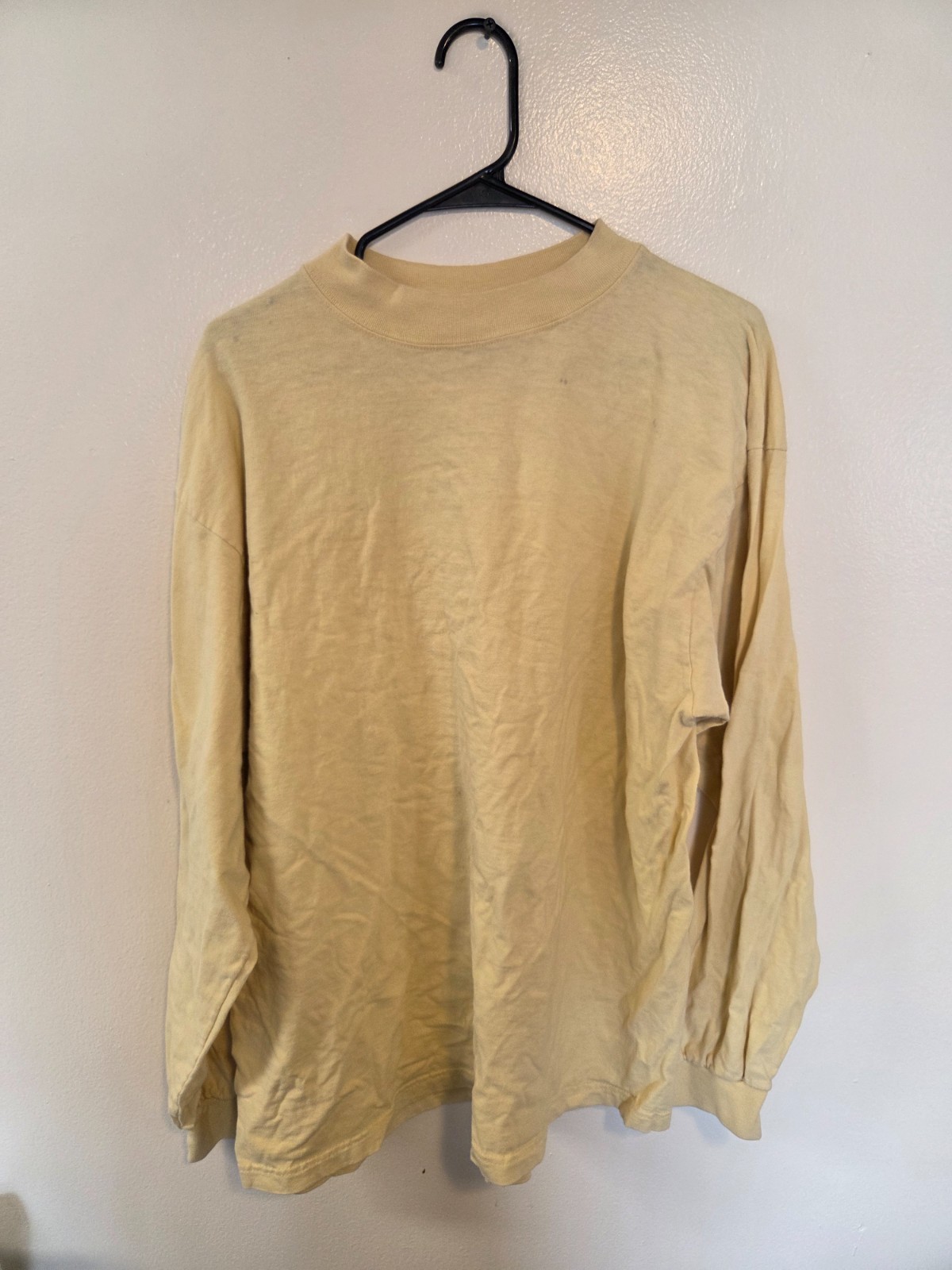 Basic Editions Mens XL Yellow Mock Neck Long Sleeve Cotton T-Shirt Vintage Style