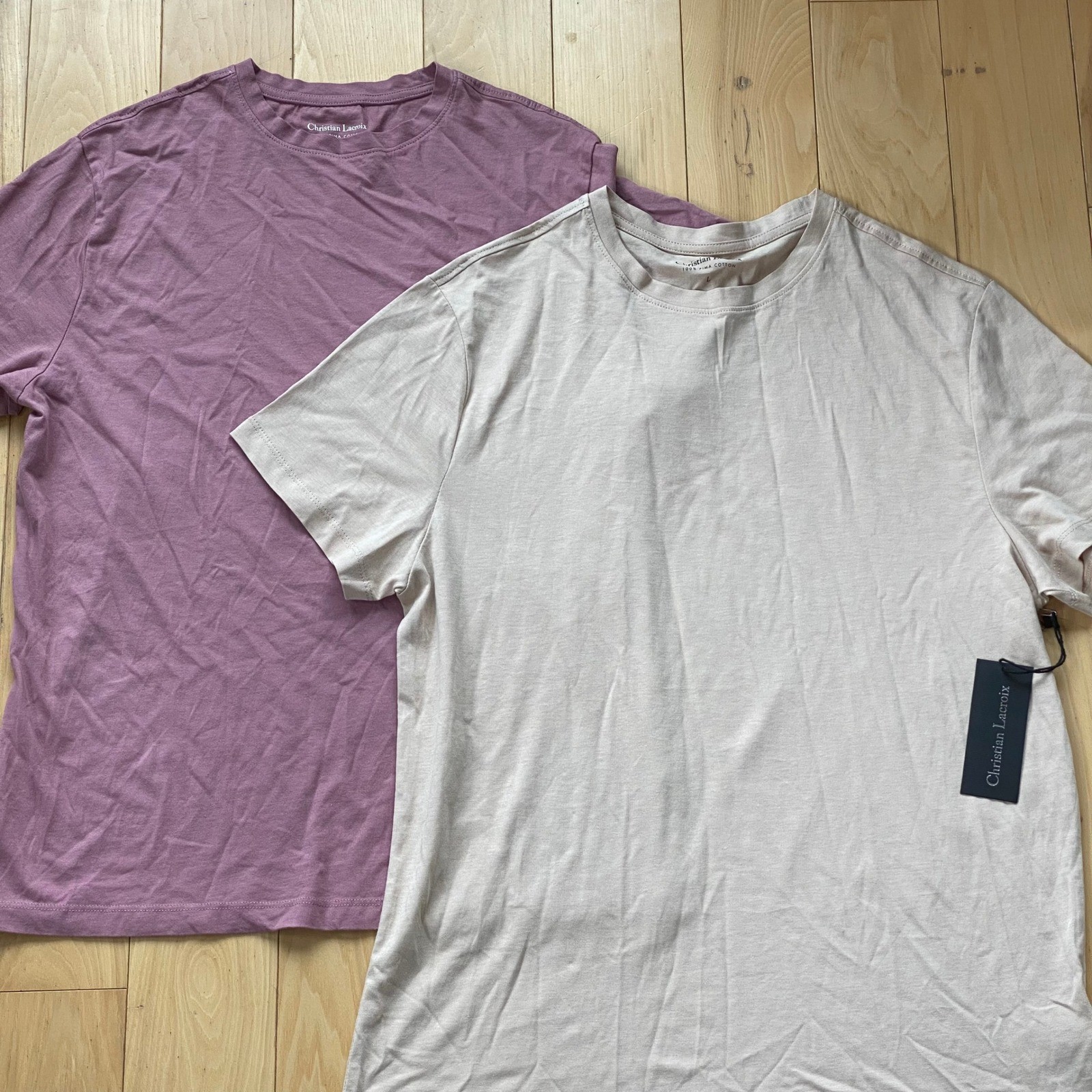 Christian Lacroix 100 Pima Cotton USA Grown Tan & Mauve Tee Set 2pk Organic – L