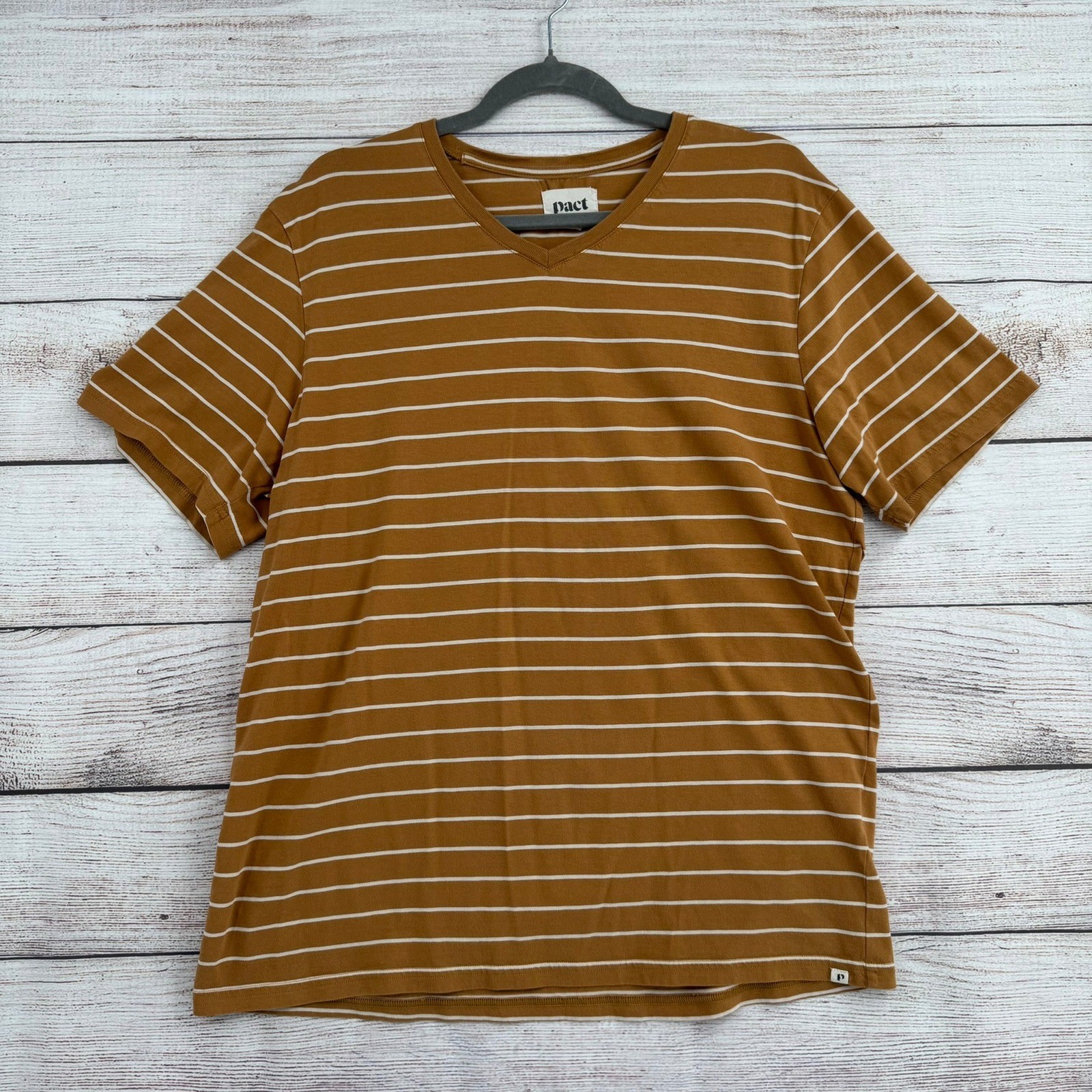 Pact V-Neck T-Shirt Mens Large Mustard Brown White Striped Organic Cotton