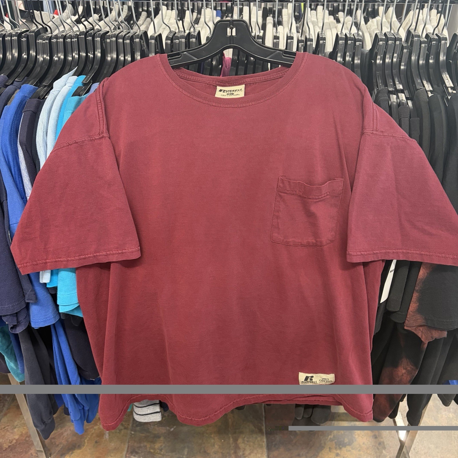 Vintage 90s Russell Athletic Pro Cotton Maroon/Burgundy Blank Pocket Tee Size XL