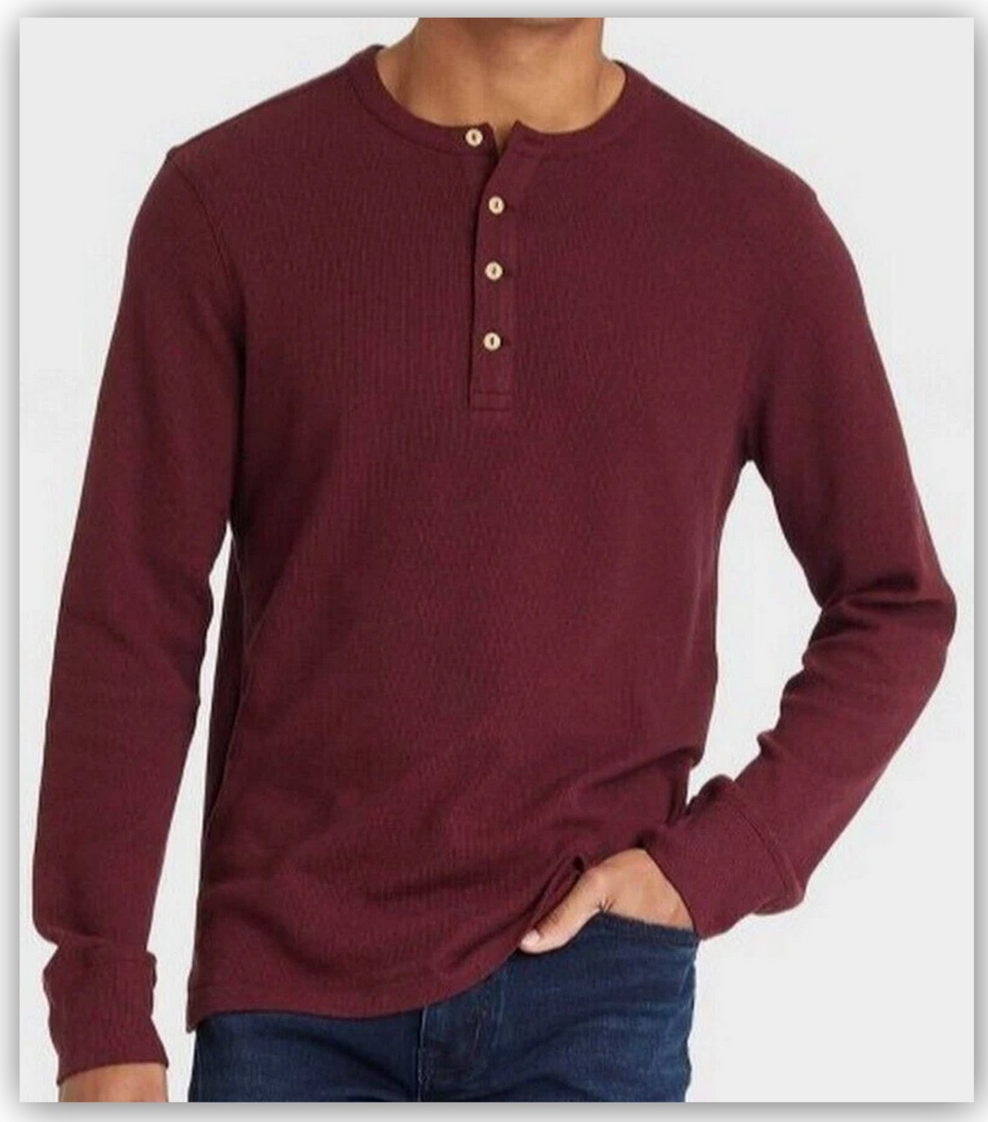 Long Sleeve TEXTURED HENLEY Shirts- Goodfellow Burgundy Gray Tan White Basil 1