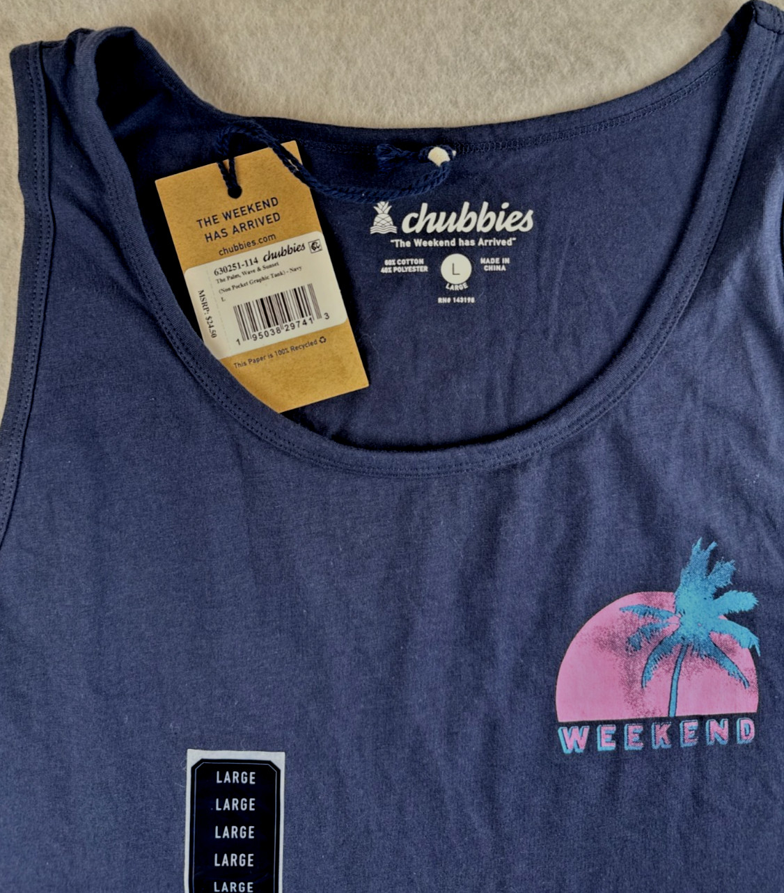 Chubbies Weekend Tank Top Mens Large Navy Palm Tree Graphic Beach Casual NWT