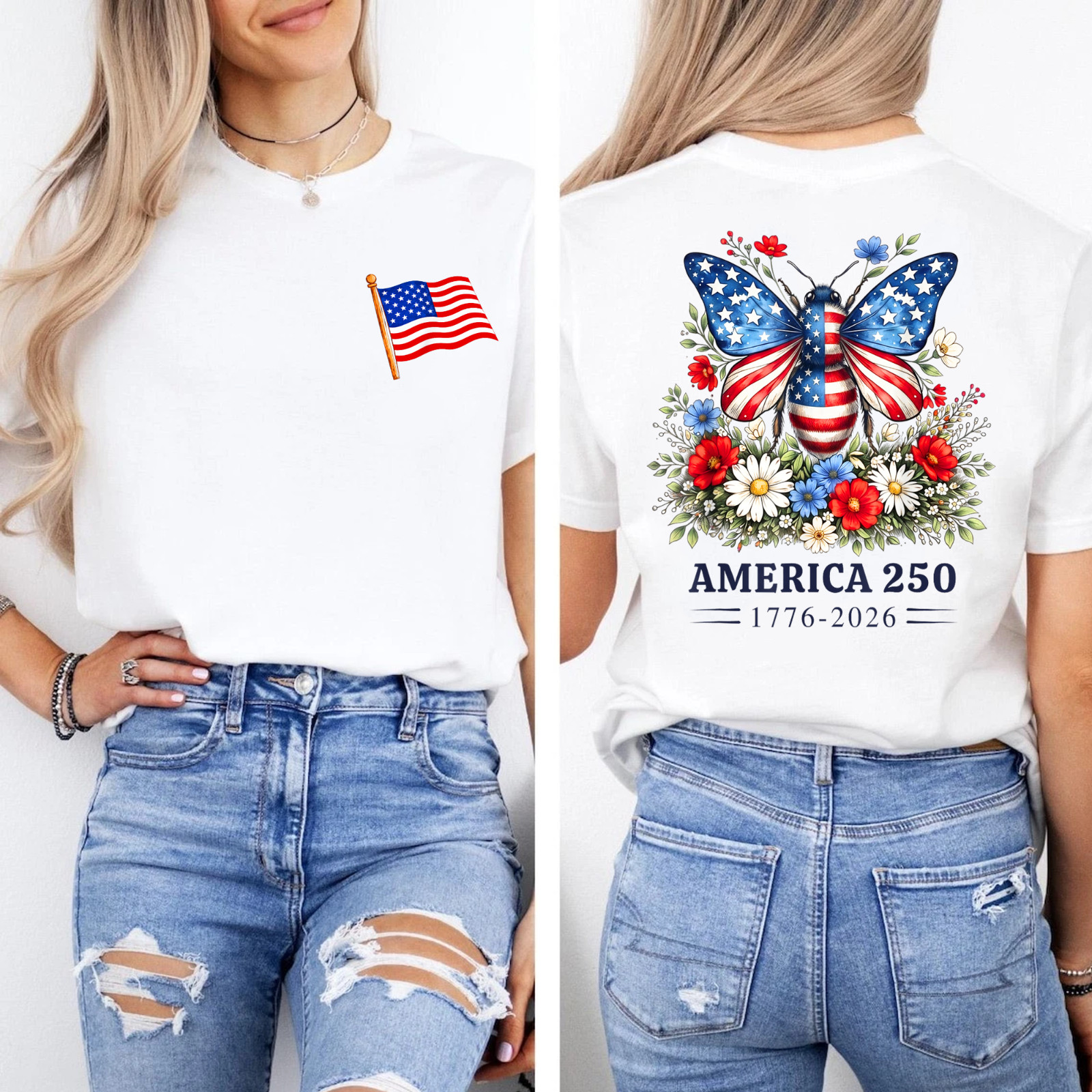 250th Anniversary Patriotic Bee USA Flag 4th of July Outfits 2SIDE T-Shirt