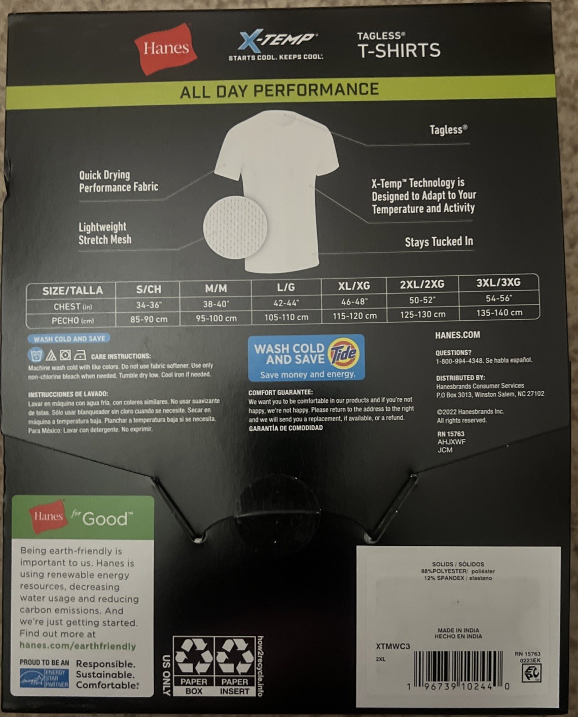 2XL Hanes Men 3 Pack Tagless X-Temp All day Performance T-Shirts White