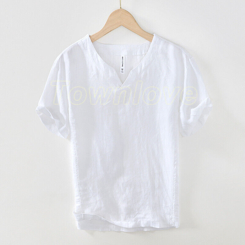 Men 100% Linen V Neck T-shirt Retro Summer Short Sleeves Tops Casual Undershirt