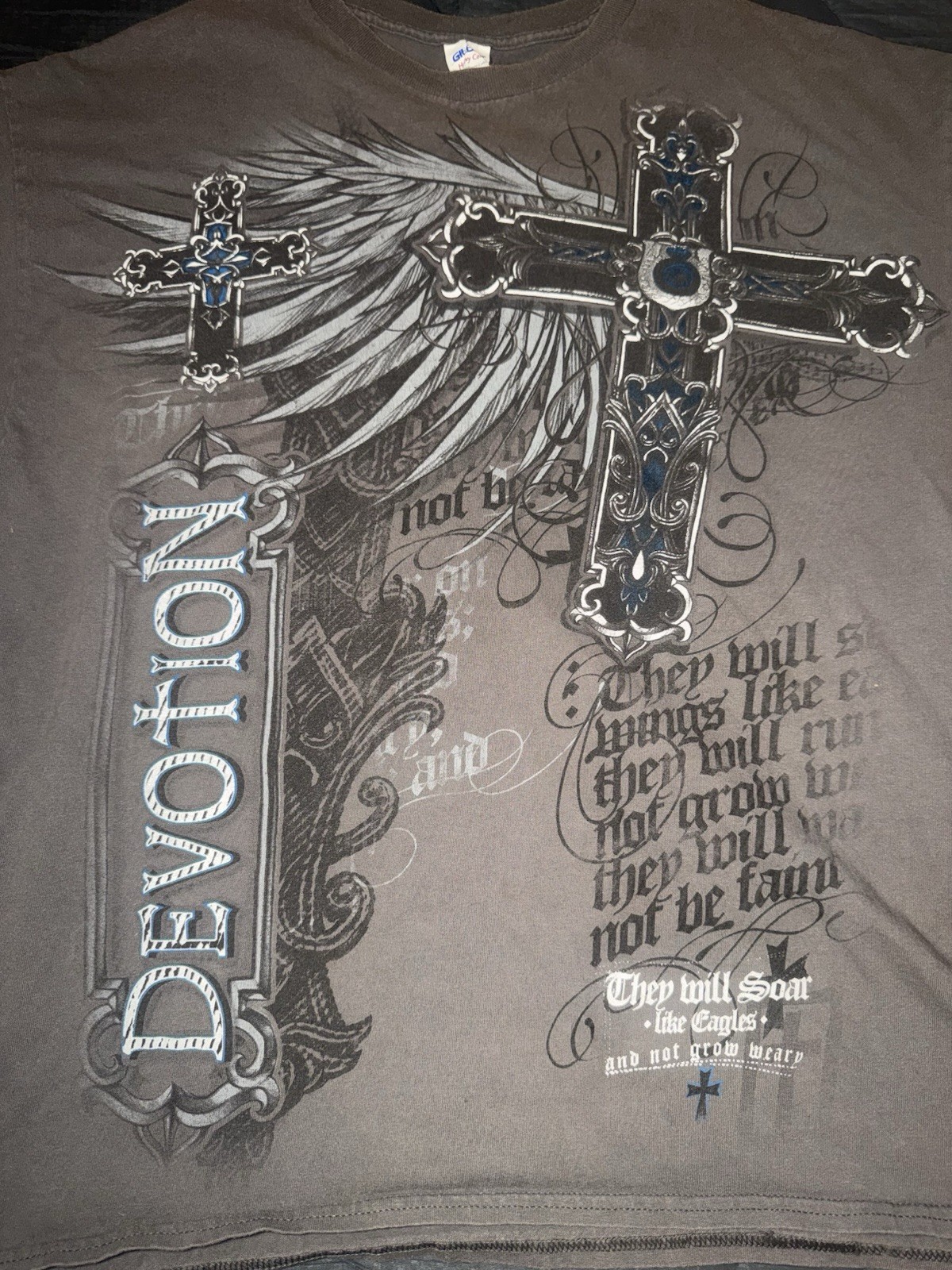 VTG Y2K Affliction Style Shirt Gray Gothic Cross Angel Wings Grunge Pinkman XL