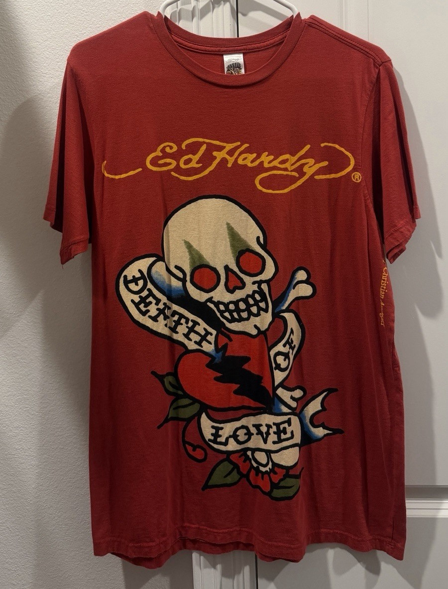 Ed Hardy Hollywood Red Skull Love Graphic Tee Short Sleeve Crew Neck Men’s M Y2K