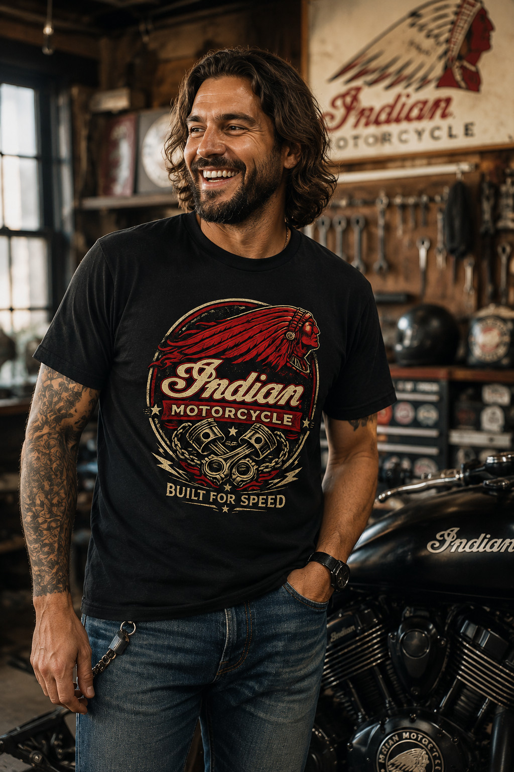 Indian Motorcycle Logo T-Shirt Men’s Heavy Cotton Graphic Tee