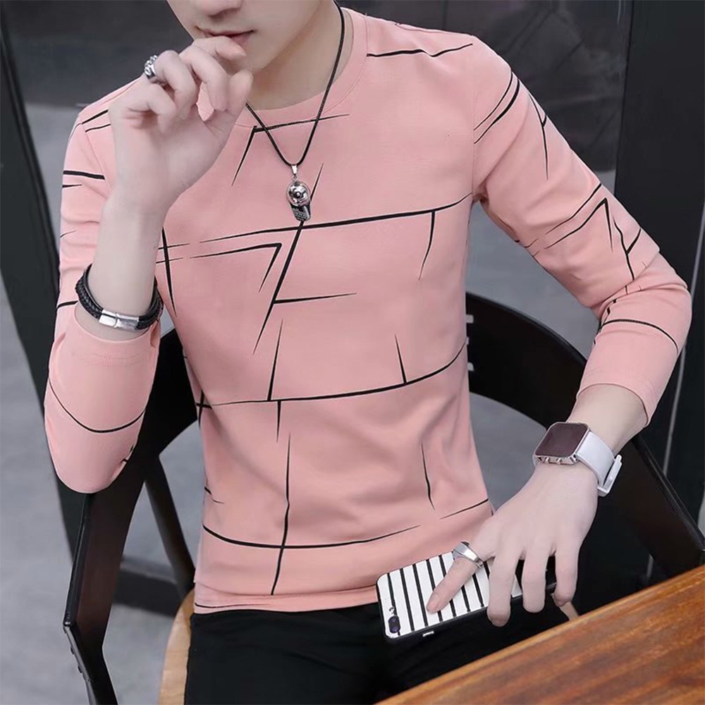 Mens O Neck Print T-shirt Blouse Pullover Long Sleeve for Slim Fit Muscle Tops