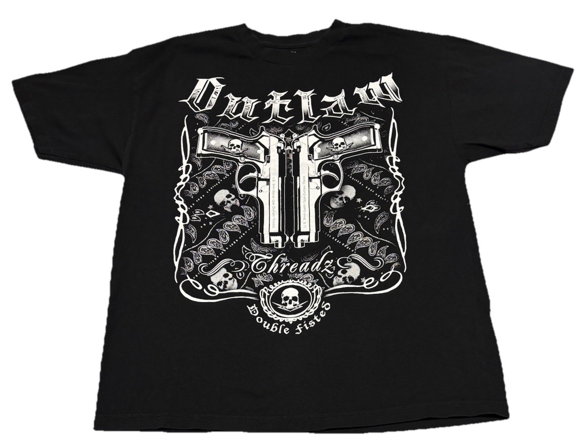 Outlaw Threadz Affliction Style Skull Guns Graphics Black T-shirt Size XL