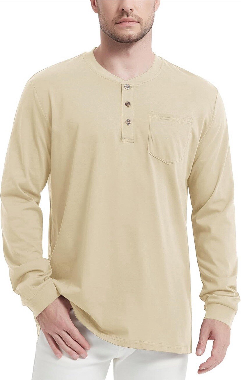 MAGCOMSEN Mens Henley Long Sleeve Shirts Cotton Pocket Light Apricot Size L